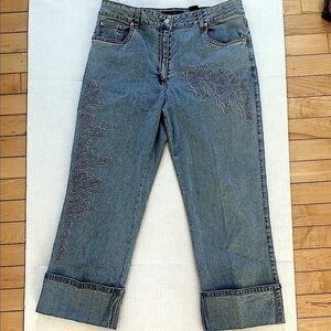 YUKKA, Women's Blue Capri w sparkly Embellished large cuffs at bottoM size large